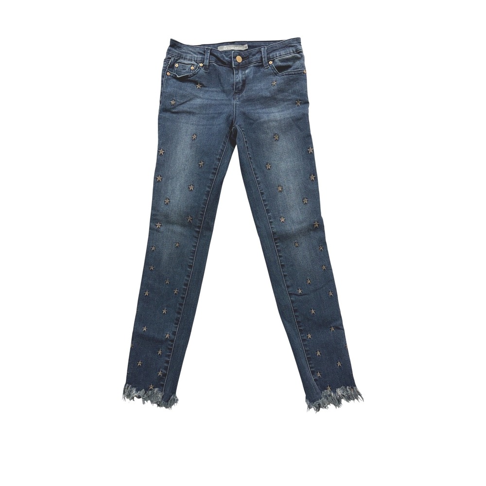 Tractr Skinny‎ Jeans Girls 12 Blue Star Embroidered Frayed Hem Denim Pants